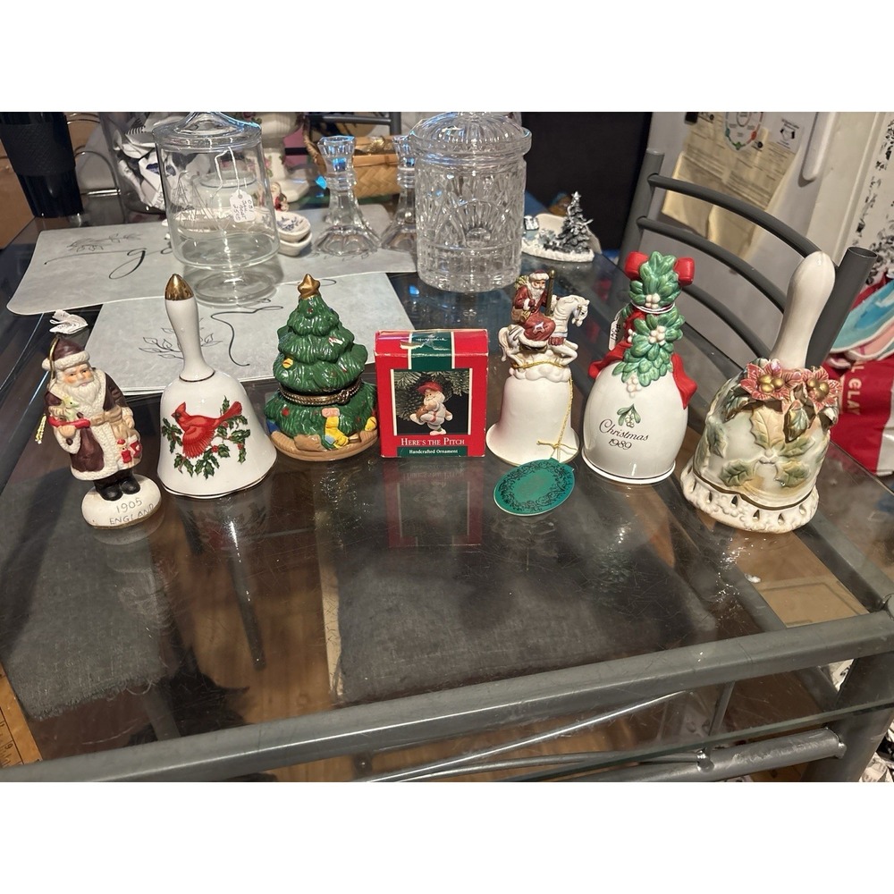 Vtg Christmas Collectibles Lot of 7 Hallmark Willitts Santa Bells Trinket Box